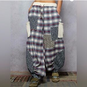 POL Sz L Patchwork Blue Multicolor Plaid Floral Women Knit Cargo Pocket Joggers